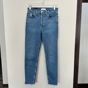RE/DONE 90’s High Rise Frayed Hem Ankle Cropped Dark Wash Blue Button Fly Jeans